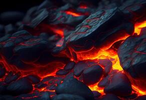 heiß Lava fließt auf Steine. Eruption. rot Magma. ai generiert foto