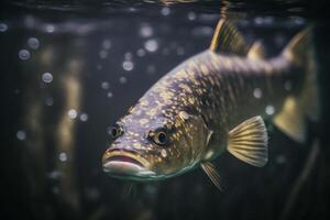 Angeln. Nahansicht geschlossen von ein Zander Fisch unter Wasser. Illustration ai generativ foto