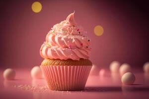 Geburtstag Cupcake auf Rosa. Illustration ai generativ foto
