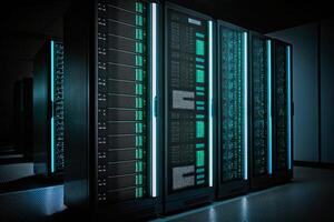 Daten Center Computers groß Einrichtung mit Server Lagerung. Illustration ai generativ foto