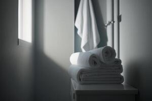 Wäsche Weiß Handtuch im Badezimmer. Illustration ai generativ foto