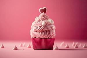 Valentinsgrüße Tag Rosa Hintergrund. Vanille Cupcake schmücken. Illustration ai generativ foto