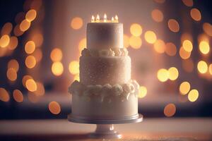Hochzeit Kuchen mit Kerze auf Platte. Illustration generativ ai foto