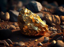 Gold Nugget Lügen auf das Boden. wertvoll Mineral Stein. ai generiert foto