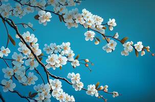 Frühling Kirsche blühen Blumen auf Blau Hintergrund generativ ai foto