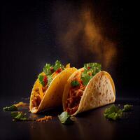 köstlich Tacos schnell Essen auf ein dunkel Hintergrund. generativ ai foto