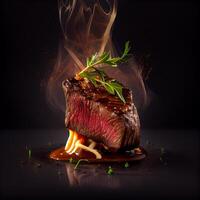 köstlich heiß Rindfleisch Steak auf Feuer auf ein dunkel Hintergrund. Illustration generativ ai foto