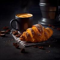 köstlich Espresso Kaffee Weiß Tasse und Croissant. Illustration generativ ai foto