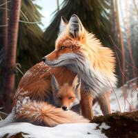 Fuchs und Fuchs Jungtier stürzen im das Winter Wald. Illustration generativ ai foto