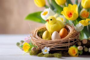 glücklich Ostern Gruß Hintergrund mit bunt Eier. generativ ai foto