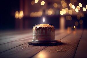 glücklich Geburtstag Gruß Karte mit Kuchen im Bokeh Hintergrund generativ ai foto