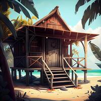 klein Hütte auf ein tropisch Insel unter Palme Bäume. generativ ai foto