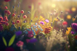 süß Grün Frühling Wiese mit Blumen generativ ai foto