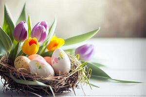 glücklich Ostern Gruß Hintergrund mit bunt Eier. generativ ai foto