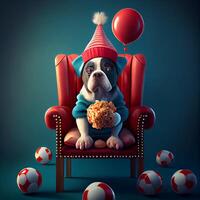 süß Geburtstag Hund Sitzung auf Stuhl mit Luftballons. generativ ai foto