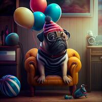 süß Geburtstag Hund Sitzung auf Stuhl mit Luftballons. generativ ai foto