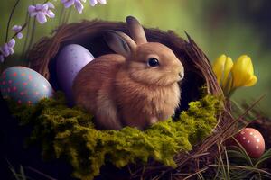 glücklich Ostern Gruß Hintergrund mit bunt Eier und Hase. generativ ai foto