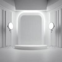Weiß Studio Zimmer Hintergrund mit Scheinwerfer An. Illustrator generativ ai foto