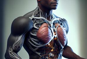 Cyborg Roboter Transplantation Herz zu Mensch im Krankenhaus. Illustration generativ ai foto