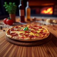 Peperoni Pizza auf braun Holz. Illustration generativ ai foto