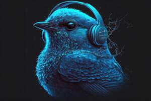 Vogel trägt Kopfhörer Blau Ton. ai generiert foto