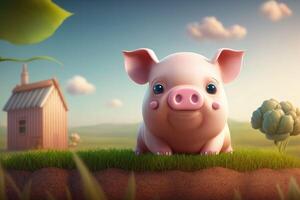 ai generiert 3d Ferkel Bauernhof Hintergrund. ein süß Rosa Schwein Leben auf ein Bauernhof. foto