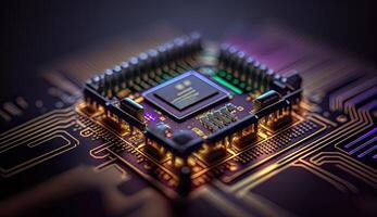 Mikrochip, Oberfläche Zoomen im Computer Chip Technologie, Neon- Licht Linien, Es, Makro Fotografie foto