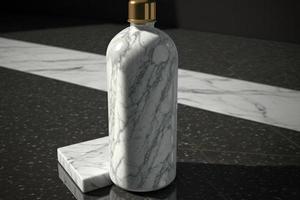 einfarbig fotografieren von Shampoo Flasche. schwarz Flasche auf Marmor. foto