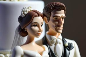 Braut und Bräutigam auf oben von Kuchen oder Puppen auf oben von Kuchen. Nostalgie und Erinnerungen von ein gut glücklich Ehe foto