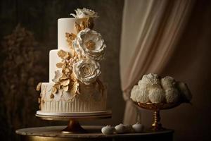 Hochzeit Kuchen ist das traditionell Kuchen serviert beim Hochzeit Parteien nach das Main Mahlzeit. im modern Western Kultur, das Kuchen ist in der Regel auf Anzeige und serviert zu Gäste während das Rezeption. foto