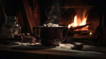 heiß Schokolade mit Marshmallows im Vorderseite von ein Kamin im Winter foto