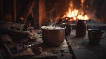 heiß Schokolade mit Marshmallows im Vorderseite von ein Kamin im Winter foto