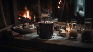 heiß Schokolade mit Marshmallows im Vorderseite von ein Kamin im Winter foto