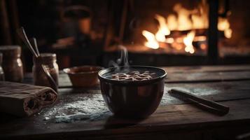 heiß Schokolade mit Marshmallows im Vorderseite von ein Kamin im Winter foto