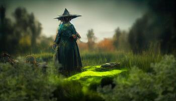 Illustration von ein alt Hexe im das Grün Moorland foto