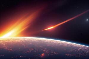 Illustration von ein Komet Verbrennung gegenüber das Planet Erde foto