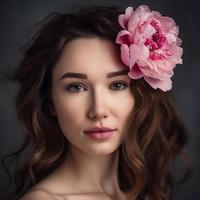 schön Frau mit Pfingstrose Blumen im ihr Haar foto