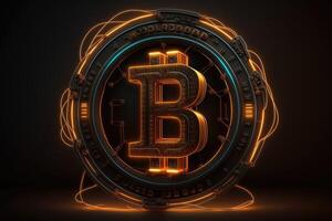 ai generiert 3d Ultra realistisch Bitcoin Logo mit Neon- Licht. Blockchain Technologie und Kryptowährung Konzept. foto
