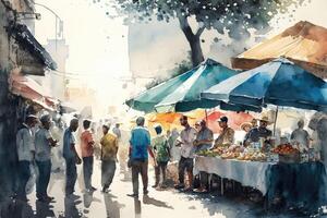 ai generiert Aquarell Gemälde von Menschen Gehen zu das Straße Markt zum Einkaufen. foto