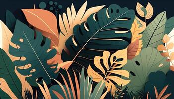 Laub dekorativ Hintergrund im eben Stil verschiedene abstrakt tropisch Blätter auf ein dunkel Hintergrund. generativ ai. foto