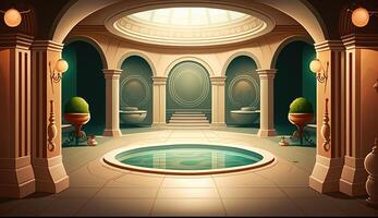 elegant Luxus königlich Wellness Badewanne Spa Innere, Poster zum Spa Center oder römisch Bad im Karikatur Stil. ai generiert. foto