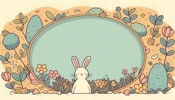 glücklich Ostern Gruß Karte im Gekritzel eben Stil mit Ei und minimalistisch eben Farbe Blumen. leeren Raum zum Ihre Gruß Text. generativ ai. foto