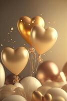 romantisch Hintergrund mit golden Luftballons im das bilden von Herzen, Konfetti. Gruß Karte zum Heilige Valentinstag oder Jubiläum. generativ ai foto