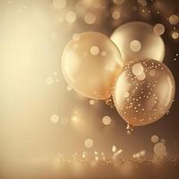 festlich Luxus Hintergrund mit golden aufblasbar Luftballons, Konfetti, verschwommen Hintergrund mit Bokeh Wirkung. generativ ai foto