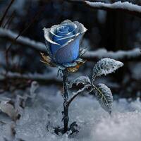 gefroren Magie Blau Rose im das Schnee romantisch Hintergrund. foto