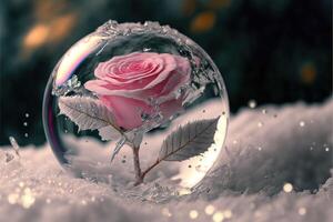 gefroren Magie rot Rose im das Schnee romantisch Hintergrund. foto