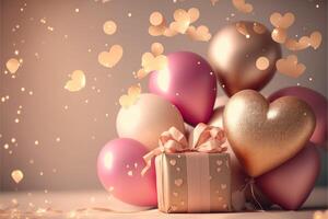 festlich romantisch Hintergrund mit Luftballons Herzen und Konfetti Valentinstag Tag oder fröhlich Weihnachten und glücklich Neu Jahr Grüße. generativ ai. foto