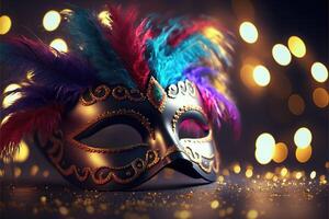 realistisch Luxus Karneval Maske mit bunt Gefieder. abstrakt verschwommen Hintergrund, Gold Staub, und Licht Auswirkungen. generativ ai. foto