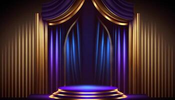 Blau lila golden Vorhang Bühne vergeben Hintergrund. Trophäe auf rot Teppich Luxus Hintergrund. generativ ai foto