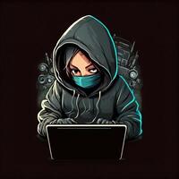 süß Mädchen Hacker mit Laptop. Benutzerbild im Karikatur Stil. Balck Hintergrund. generativ ai foto